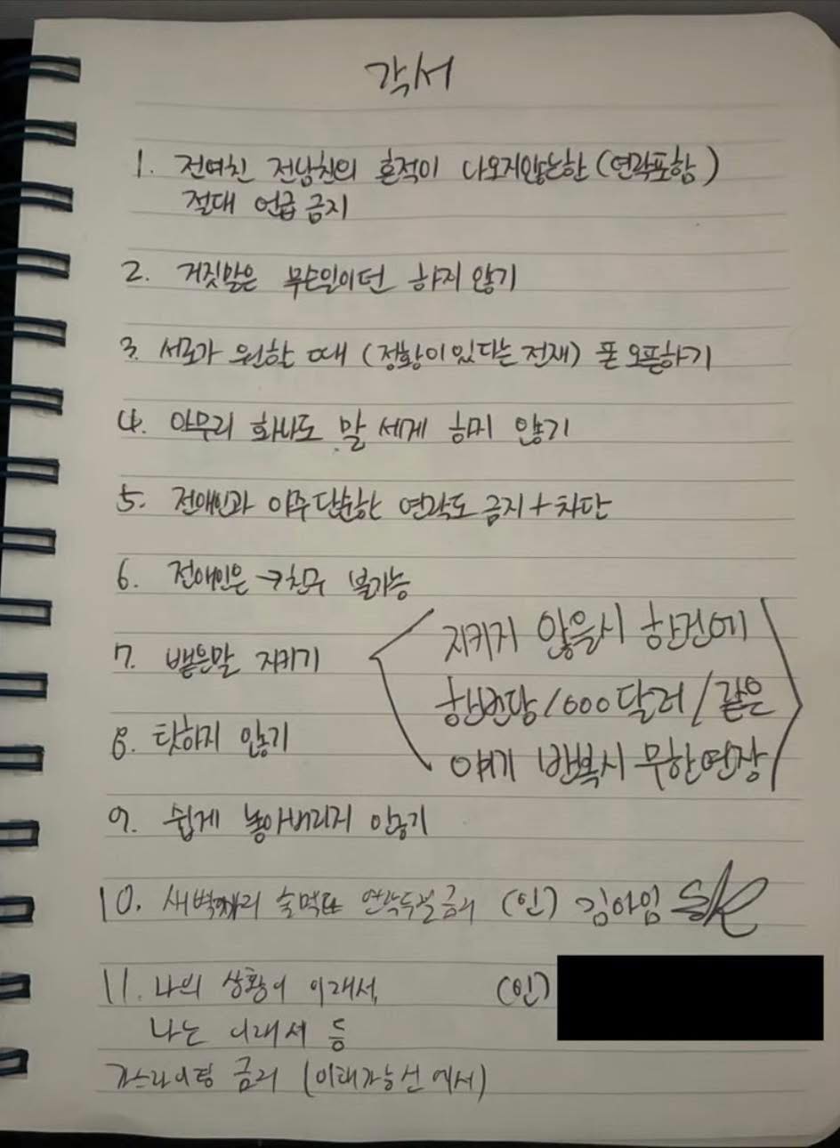 handwritten 11 PROMISES BETWEEN KIMSAERON AND HER HUSBAND