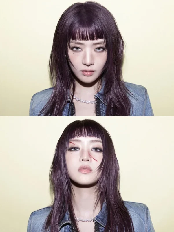 i-dle good thing conceptwoman-purplehair-scars-denimjacket.