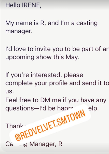 Irene Seulgi casting DMHello-IRENE-' 'REDVELVET.SMTOWN-message-casting.