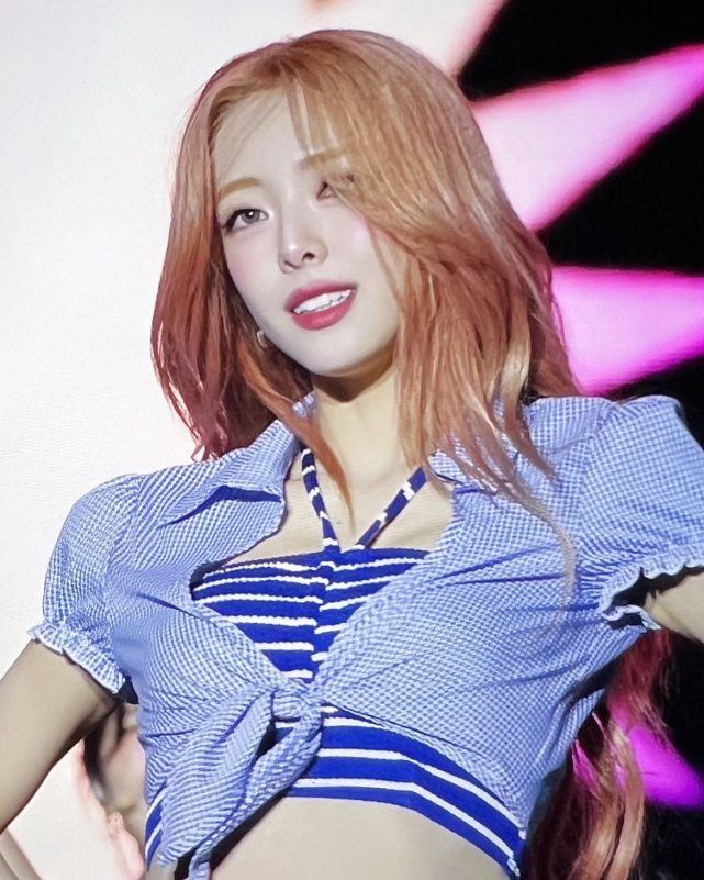 yuna shorts university festival outfitwoman-orangehair-stripedtop-tiedshirt.