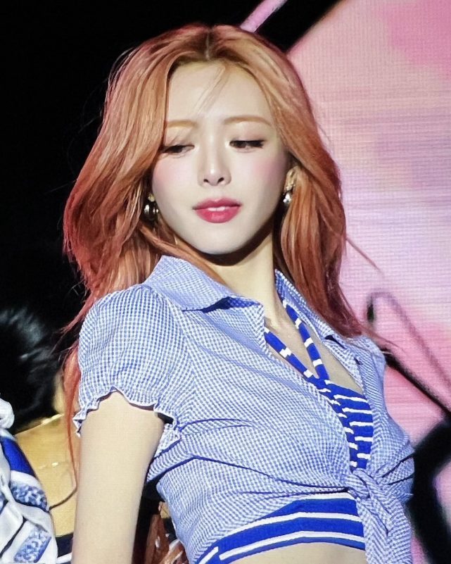 yuna shorts university festival outfitwoman-orangeHair-blueOutfit-earrings.