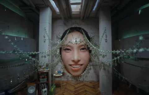 chaotic k-pop girl group conceptswoman-headdress-surreal-room.