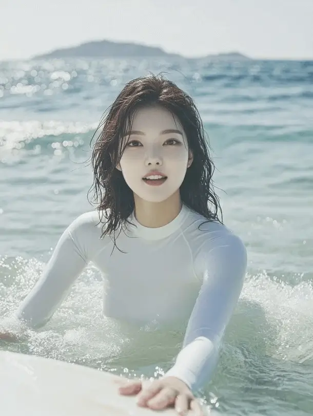 Koreans wearing rash guardssurfer' 'ocean' 'woman' 'sun.