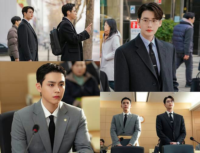 Moon Ga-young Lee Jong-suk past Law and the Citycollage-suits-indoors-outdoors.